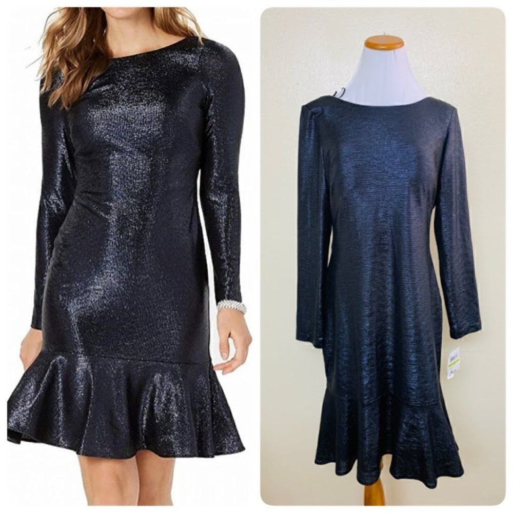 NIGHTWAY Womens Cocktail Dress Size 14 Navy Long Sleeve Jewel Neck Drape Back